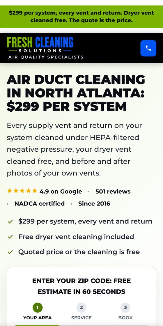 Fresh Cleaning Solutions air duct cleaning page on a phone